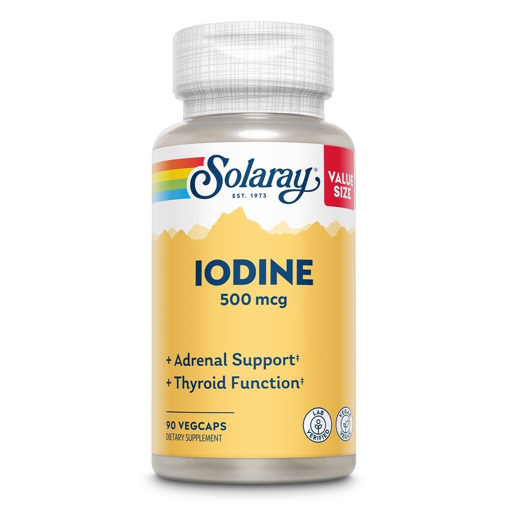 Solaray jod 500 µg, suplement jodu do zdrowej nadnerczy i tarczycy wsparcia, Energia, Metabolizm i Focus, Jodek potasu, Wegan, 60- Day Money- Back Gwarancja, 90 Służenia, 90 VegCaps