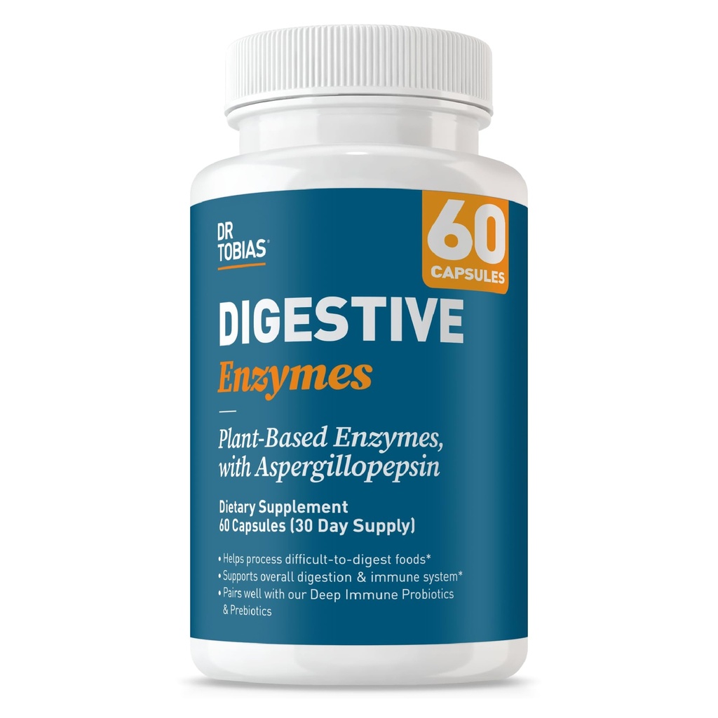 Dr Tobias Digestive Enzymes z Amylase, Bromelain, Lipase, Lactase, Protape, Papain & More, suplement diety z 18 Enzymy do trawienia i Gut Health, 60 Kapsułki, 30 Sług