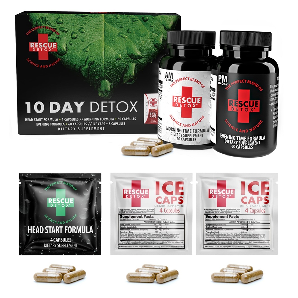Rescue Detox 10 Day Permanent Detox Kit - 132ct Kapsułki 124; Kompleksowa pełna oczyszczalnia ciała z czapki bonusowe natychmiastowe ICE
