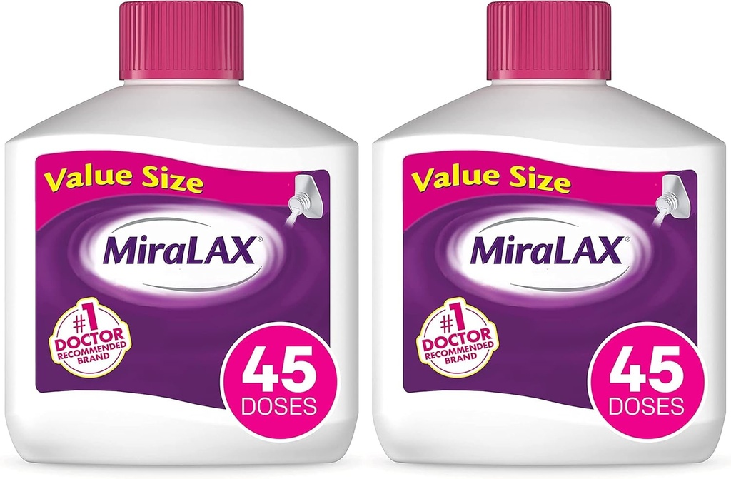 MiraLAX Łagodne Zaparcia Relief Laxative Powder, Stool Softener z PEG 3350, Działa naturalnie z wodą w organizmie, No Harsh skutki uboczne, Osmotic Laxative, 1 Zalecany lekarz (Opakowanie 2)