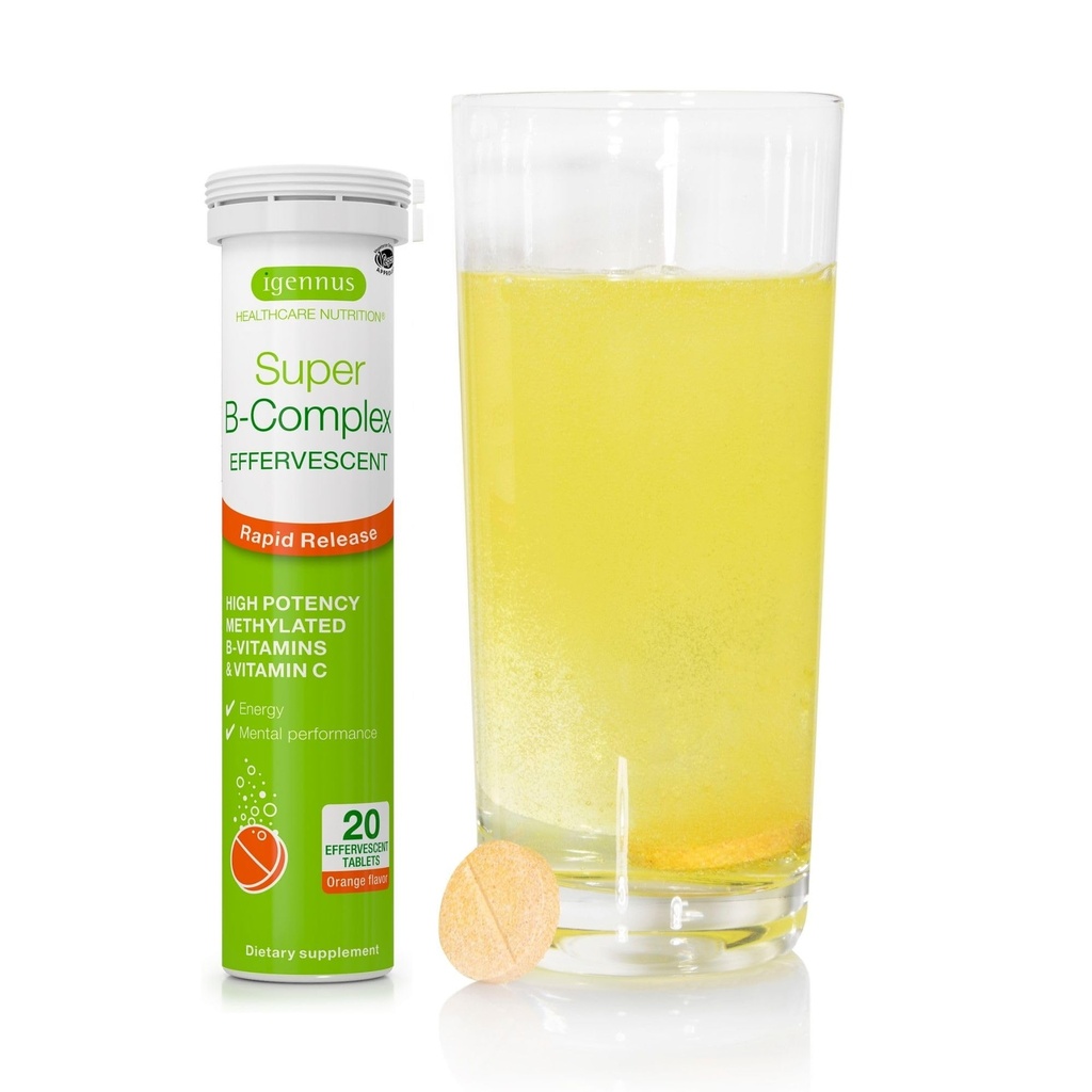 Igennus Super B- Complex Methylled Liquid B- witamina suplement musujący, Napoje energetyczne szybkiego działania, Kofeina & Cukier-wolne, Flavor pomarańczowy, Wegan, 20 Tabletki