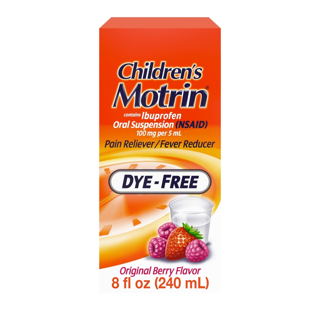 Motrin Oral Suspension 100mg Ibuprofen Medicine, NSAID Fever Reducer & Pain Reliever for Minor Aches & Pains Ze względu na zimno & Flu, Dye Free, Alkohol-Free, Berry Flavored, 8 fl. oz