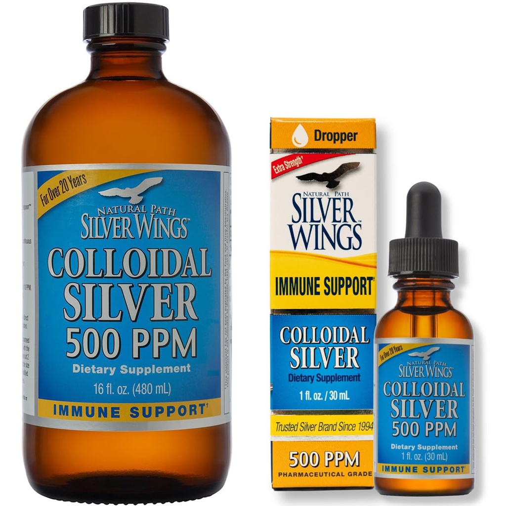 Natural Path Silver Wings Supplement - Srebro koloidalne 500 ppm (16 fl.oz / 480 ml) Plus Srebro koloidalne 500 ppm (1 fl.oz / 30 ml)