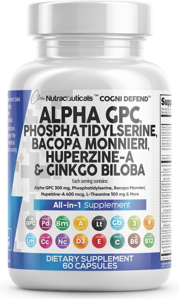 Suplement mózgu Alpha GPC 300mg Fosfatydylseryna Bacopa Monnieri Ginkgo Biloba Lions Mane Huperzine A L- Theanine NAC Nootropic Memory Focus Cognitive Support Vitamin B C D E 60 Kapsułki USA