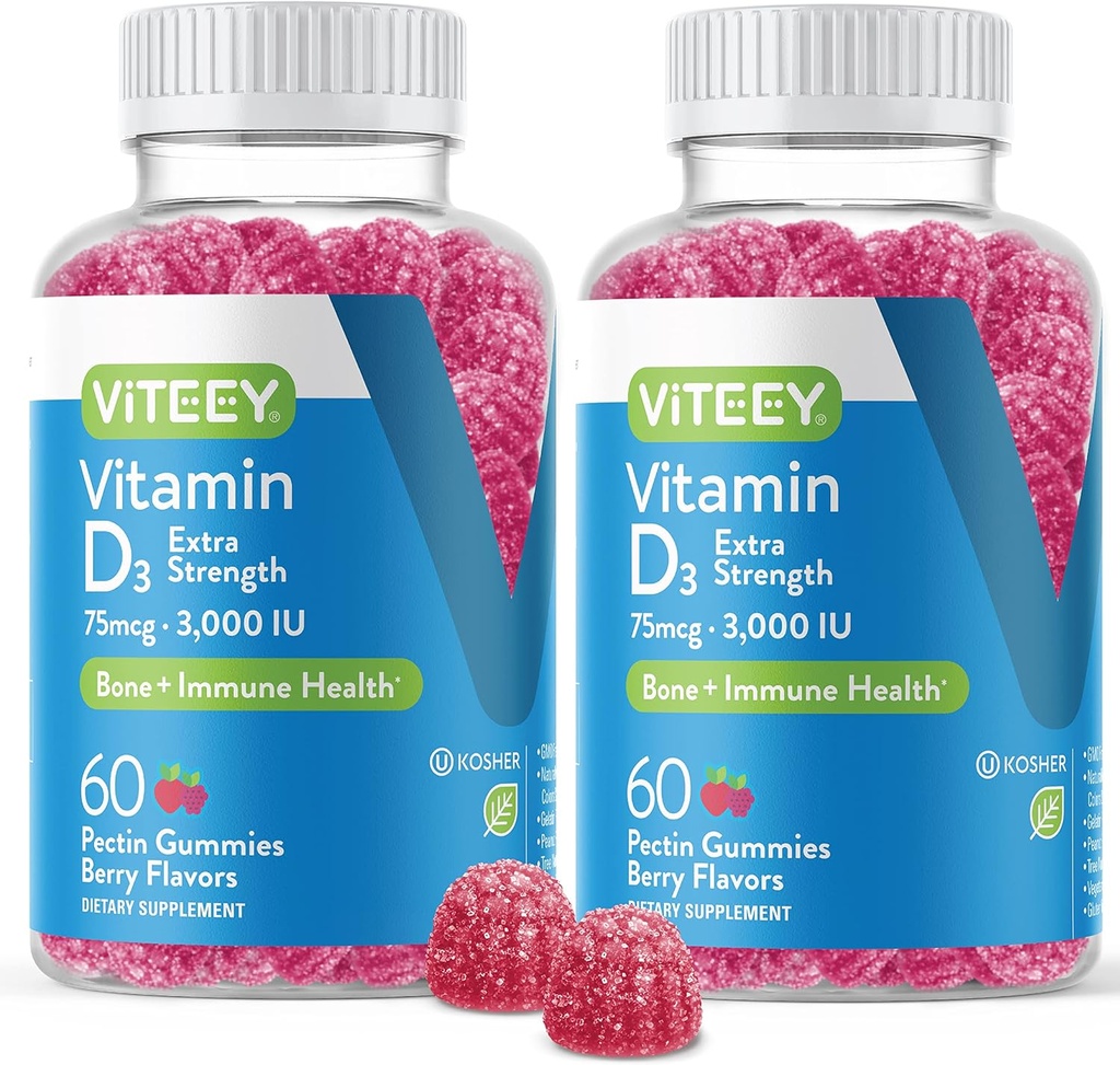 Witamina D3 Gummie dla dorosłych i nastolatków - 3000 j.m., 75mcg, Dodatkowa siła - Joint & Muscle Health, Immune Boost - Gummie do żucia Witamina D - Wegetarianin, Żelatyna Free - Smaczne żelki smakowe
