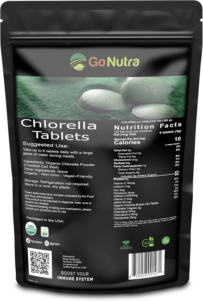 Organic Chlorella Tablets Broken Cell, 3000mg Per Serving, 1000 Tablets - Superfoods bogaty w minerały, Witaminy, Chlorofil, Amino Acids, Kwasy tłuszczowe, Fiber & Białka, Non-GMO & Wegan friendly