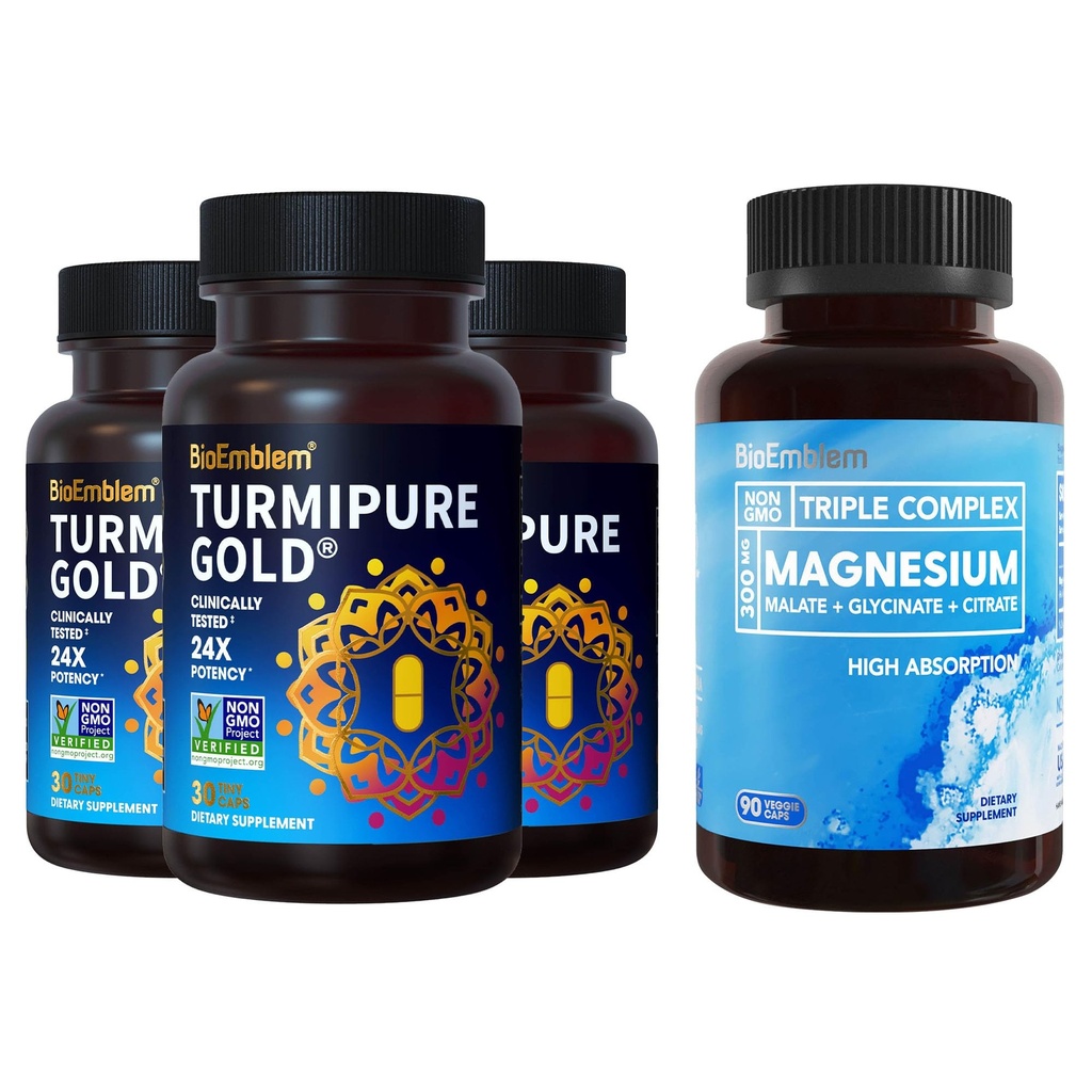 BioEmblem Triple Magnezu Complex i BioEmblem kurkumina turmerowa z klinicznie studiowane TurmiPure - Wspólne wsparcie, Zdrowe suplementy zapalne Turmeric