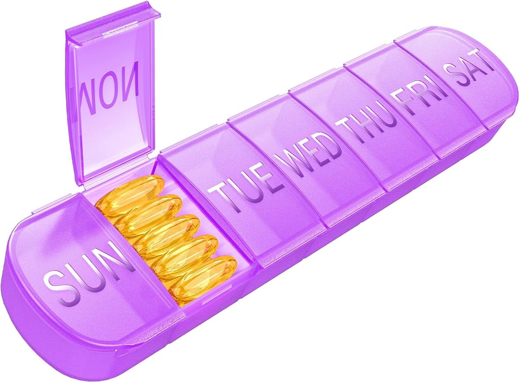 Cotygodniowy Pill Organizator 1 Czas w dniu, Podróże Pill Box 7 Dzień Bardzo duże Komory Witamina Holder, Codzienne Pill Container 7dzień XL Medicine Dispenser for Fish Oil Case (Purpurowy)