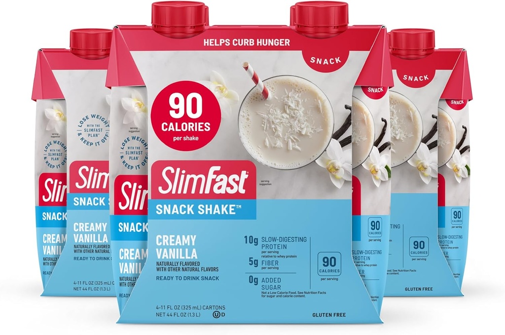 SlimFast Snack Shake, 90 Calorie Fiber Shake, Gotowy do picia, Napoje białkowe, Creamy Vanilla, 12 Count