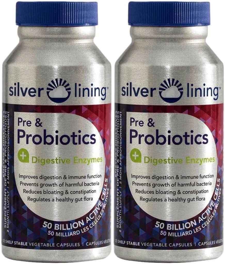 Silver Linning Pre & Probiotyka + Enzymy pokarmowe 124; 50 Miliard CFU / Aktywne komórki 124; Wsparcie funkcji pokarmowych i immunologicznych, Redukuje Bloating Adult 124; Stabilna formuła półtuszy 124; 240 Liczba (Pack of 2)