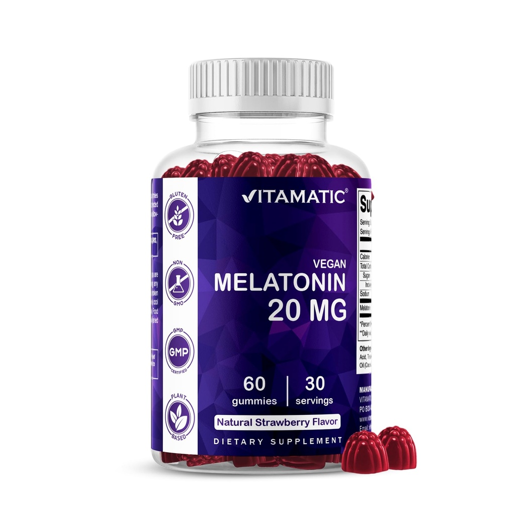 Melatonina Vitamatic 20mg Gumiaki dla dorosłych, 30 Służenia - 60 Hrabia - Non-Habit Forming Supplement