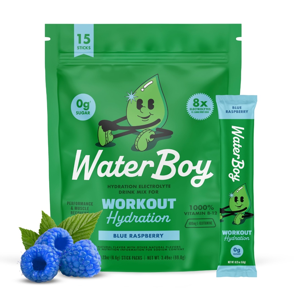 Waterboy Workout Hydration 124; 2,960mg Sugar Free Electrolyte Powder Pakiety Bis124; L- glutamina + witaminy 124; No Sugar, All Natural, Gluten Free 124; 15 Drink Stick Mixes (Blue Malina)