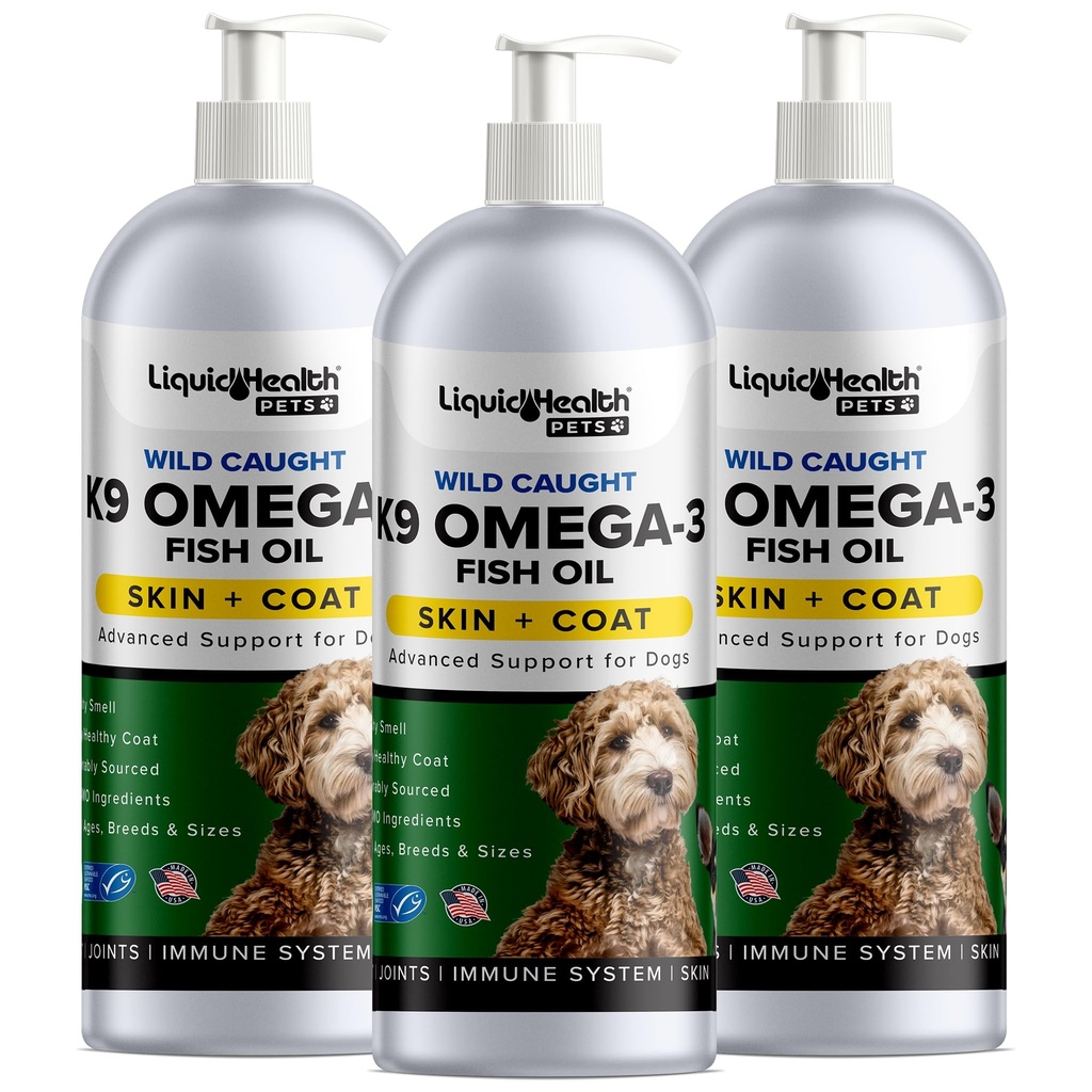 Liquid Health Zwierzęta K9 Omega 3 Olej rybny dla psów - Płynny Omega 3 Suplement dla zwierząt domowych z EPA + DPA + DHA - Redukcja swędzenia i rozrzucania, Joints wsparcia, Immunitet, Mózg, Heart Health - USA Made (3 Pack)