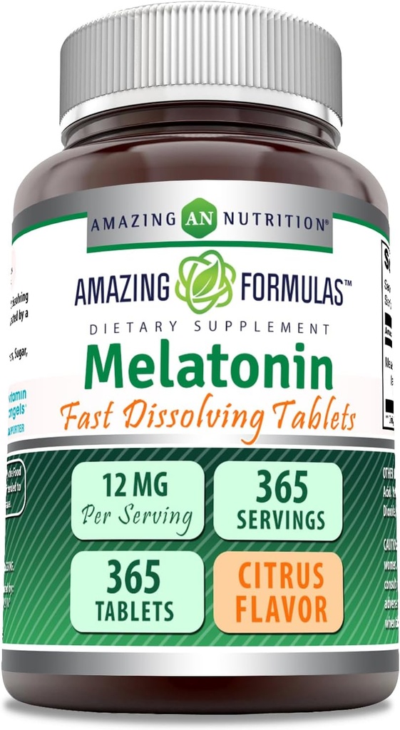 Amazing Melatonin Fast Disoluting Supplement Agregat 124; Citrus Flavor Agregat 124; 12 Mg Per Serving Agregat 124; 365 Tablets Agregat 124; Non-GMO Agregat 124; Gluten Free Agregate 124; Made in USA