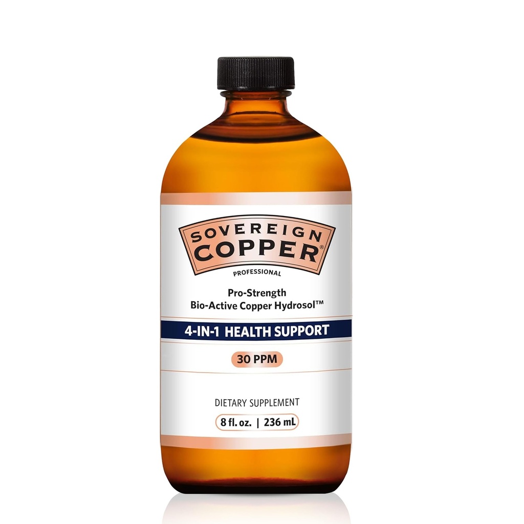 Superior Provereign Bio- Active Copper Hydrosol - Bioactive Copper Liquid Supplement for Adult & Kids w / Silver Hydrosol for Hair, Skin, & Nails, 30ppm - 8 fl oz (237ml)