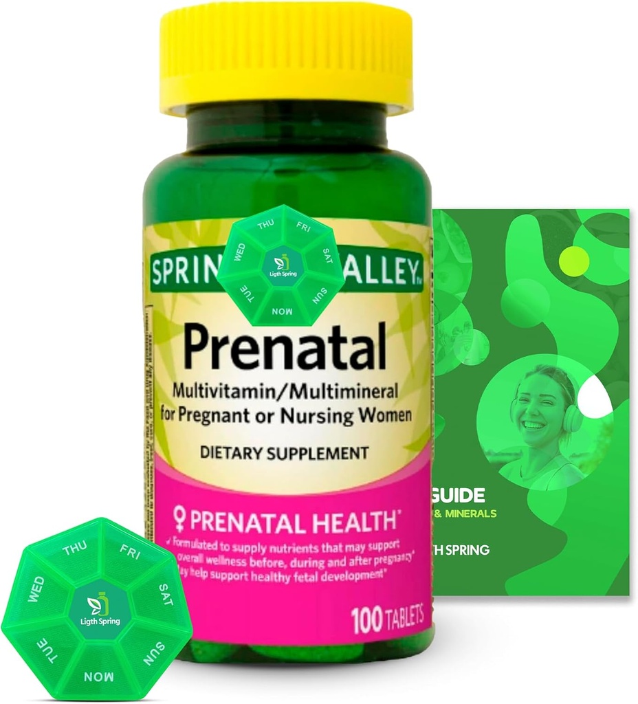 Prenatal Multivitamin / Multimineral 100 Tablets with Bundle Exclusive Vitamin & Minerals - A to Z -Better Ligth & Spring Guide + Cotygodniowy Pill Organizator (3 Produkty)