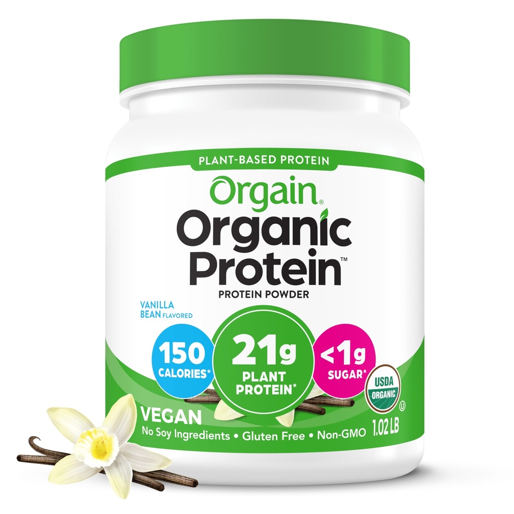 Orgain Organic Vegan Protein Powder, Vanilla Fasola - 21g Białko roślinne na bazie, 4g włókno prebiotyczne, Brak składników laktozy, Nie dodawany cukier, Nie-GMO, Dla shakes & Smoothies, 1.02 lb (Opakowania maja Vary)