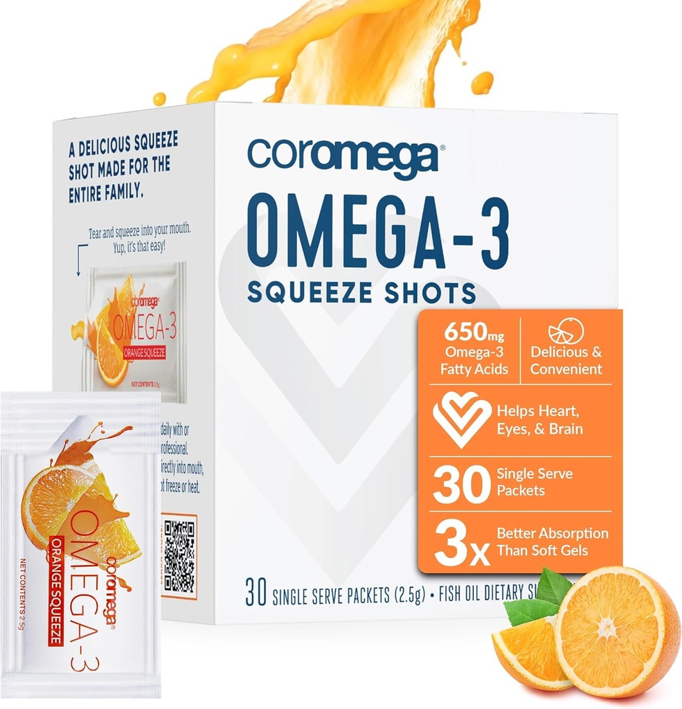 Coromega Omega 3 Fish Oil Supplement, 650mg Omega- 3 z 3X Lepsza absorpcja niż Softgels, Pomarańczowy Flavor, 30 Pojedynczy Serw Squeeze Pakiety