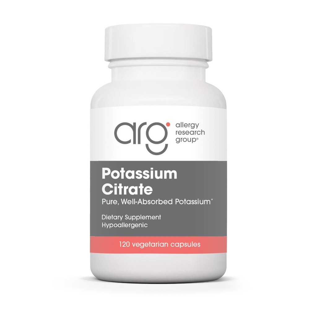 Alergia Research Group Cytrynian potasu - dla mężczyzn i kobiet, Organiczny, Czysty, Well- Absorbowany, Suplement 99mg, Kapsułki wegetariańskie - 120