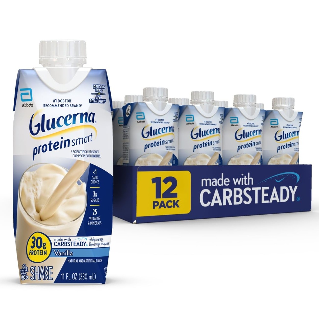 Glucerna Białko Smart Diabetes Care Shake, Vanilla, Diabetic Meal Replacement Replacement to Support Blood Sugar Management, 30g Protein, 150 Calories, Gotowy do picia, 11- fl- oz Butelka, 12 Pack