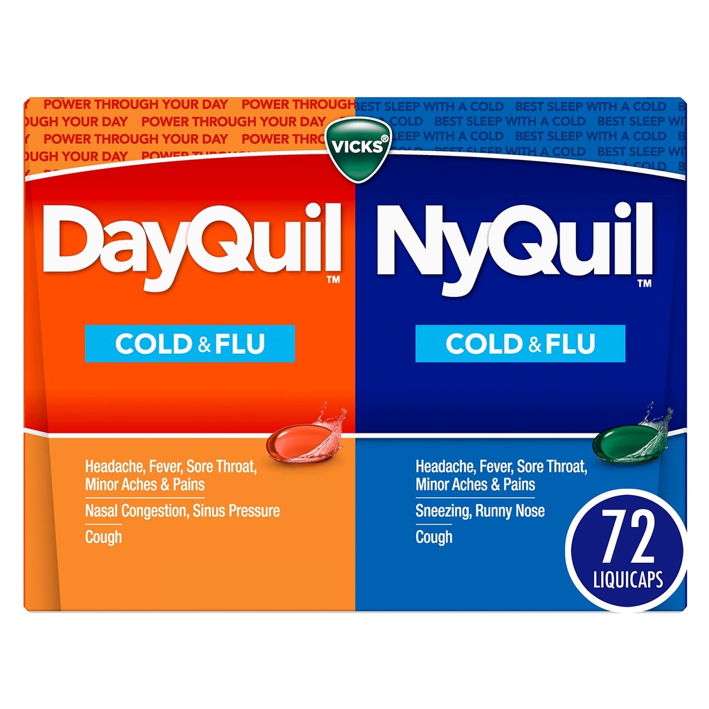 Vicks DayQuil & NyQuil Co- Pack, Cold & Flu Medicine, Powerful Multi- Symptom Daytime & Nighttime Relief for Headache, Fever, Sore Throat, Minor Aches & Pains, & Cough, 72ct