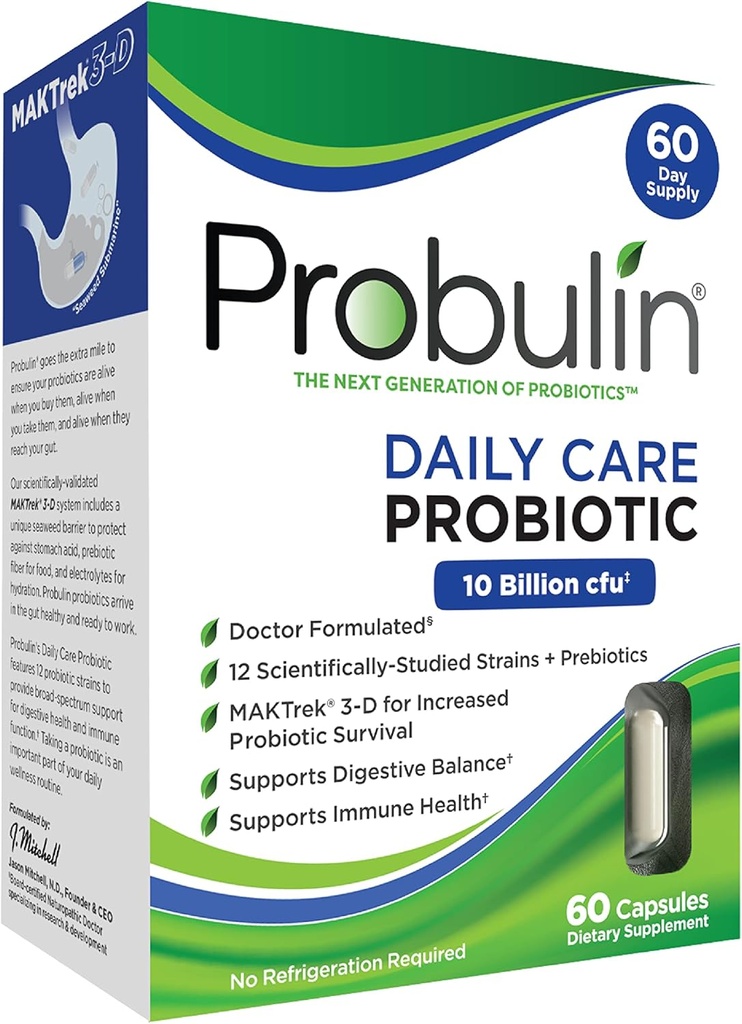 Probulin Daily Care Probiotic Supplement, Digestive, Gut, i immunologicznego wsparcia zdrowia kapsułki dla mężczyzn i kobiet, 10 Miliard CFU, Wegan, 60 Count Box
