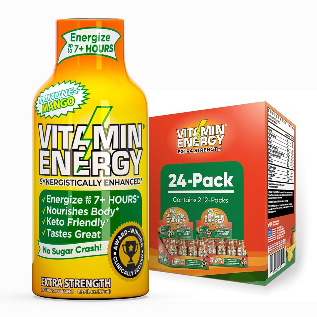 Witamina Energia Immune + Dodatkowa Siła Energia Mango 24 Pack, 260mg Naturalna kofeina, Witaminy B-, Citicolina, Zielona herbata, Immunitet i Focus Support, Zero cukru, Gluten- Free 1,93 fl oz