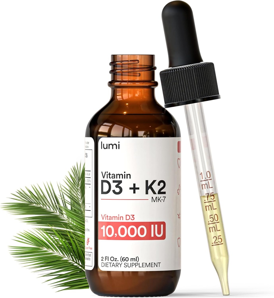 lumi Witamina D3 K2 MK7 w oleju palmowym MCT - 10000 j.m. D3, 200 µg K2 MK7- 60ml Wchłanianie liposomalne Podjęzykowe Krople Płynne - Non-GMO, Wegan, Płyn niełuskany - Dostawa Miesięczna - 2 Fl Oz