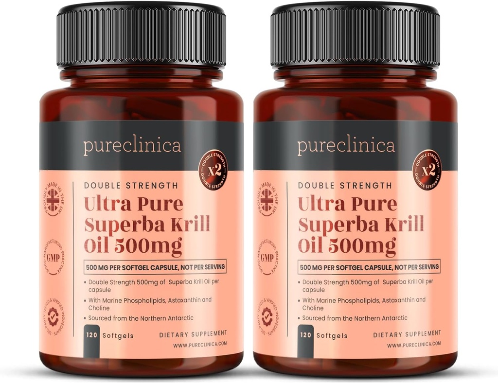 Ultra Pure Kryll Oil 500mg x 240 Kapsułki (2 butelki) - zasolony w niezanieczyszczonych wodach Antarktyki zapewniając bogate dostawy Astaksantyny, Omega 3 i witaminy D