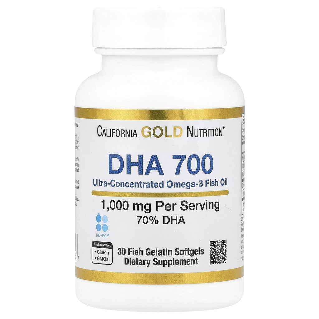 California Gold Nutrition DHA 700 Fish Oil Pharmaceutical Grade Fish Oil with DHA - Wsparcie dla zdrowia mózgu i układu krążenia - Gluten Free, Non-GMO - 1000 mg - 30 Fish Gelatin Softgels