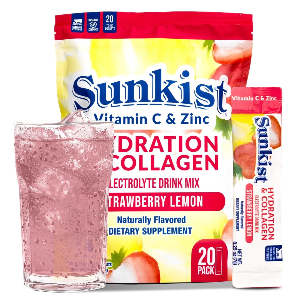 Mrożona Fasola Sunkist Drink Mix - Napoje truskawkowe lemoniady Electrolyte Drink dla kobiet z witaminą C, Cynk, Kolagen Peptydy, naturalnie smakowane - 20 Pack