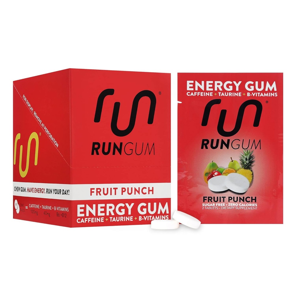 RUN GUM Fruit Punch Energy żucie Gum 50mg Kofeina Tauryna & B- Witaminy na kawałek, 24 Kawałki (Opakowanie 12) Cukier wolny, Zero Calorie, Brak Aspartam, i Gluten wolny, 1 ea