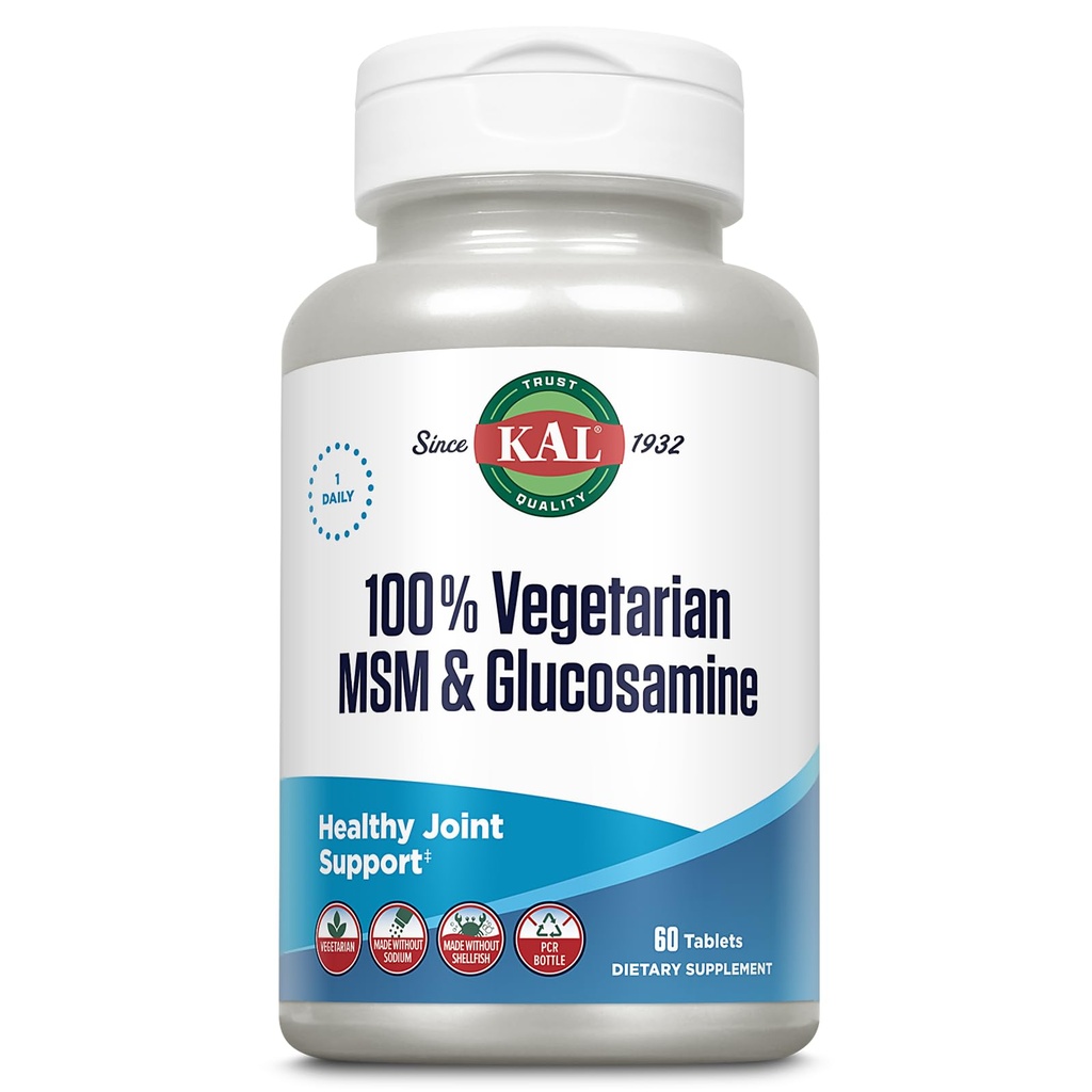 KAL 100% Wegetariański MSM & Glukozamina - Zdrowe Wspólne Wsparcie - Wegan Glukozamina i suplement MSM - Made Without Shellfish - Laboratorium zweryfikowane - 60- Day Guarantee - 60 Służenie, 60 Tabletki