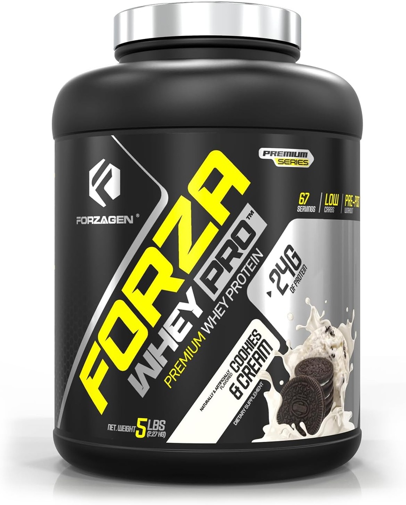 Forzagen Serwatka PRO Proszek protein niskokalorycznych 124; 24g białka na serwowanie, Cukier niski, Serwatka Premium do shakes & Mieszanki dla mężczyzn i kobiet, BCAA 124; Ciasteczka i śmietana, 5 funtów. (67 Sług)