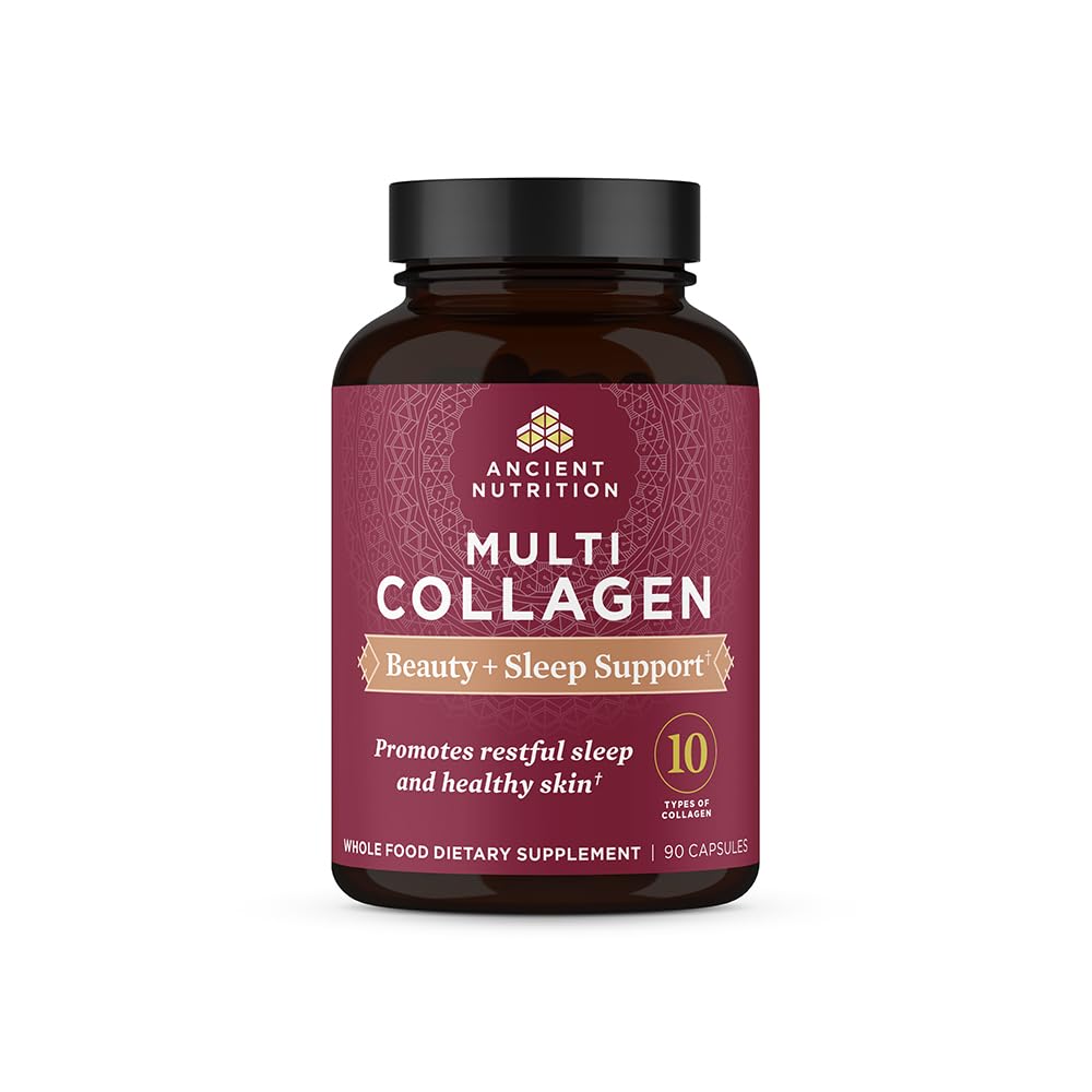 Ancient Nutrition Collagen Pills for Hair, Skóra i paznokcie, Piękno + Sen 90 Ct, Suplement Kolagenu + Magnez, Wspiera skóry i paznokci, Sen, Paleo i Keto Friendly, Gluten Free