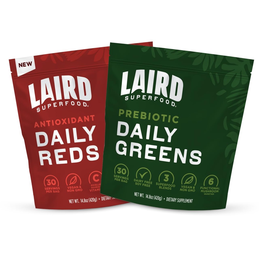 Laird Superfood Reds & Greens Bundle, Prebiotic Daily Greens i Antioxident Daily Reds Powder, 14.8oz