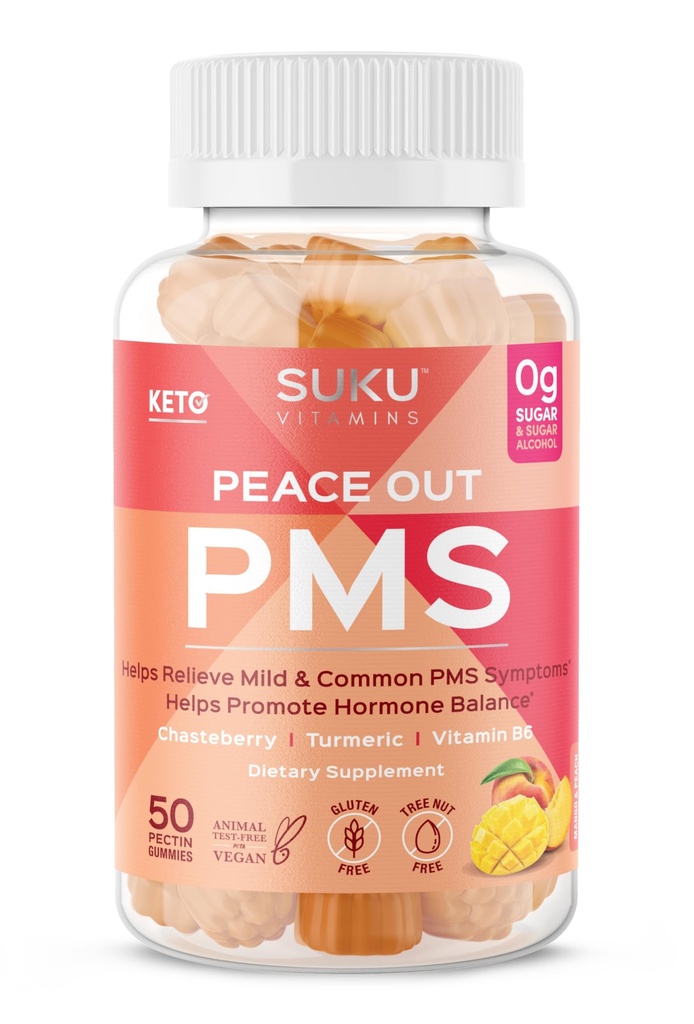 SUKU Witaminy - PMS Gummy Suplement z Chasteberry do łagodzenia PMS i menopauzy Peach Mango Gummies (50 Count)