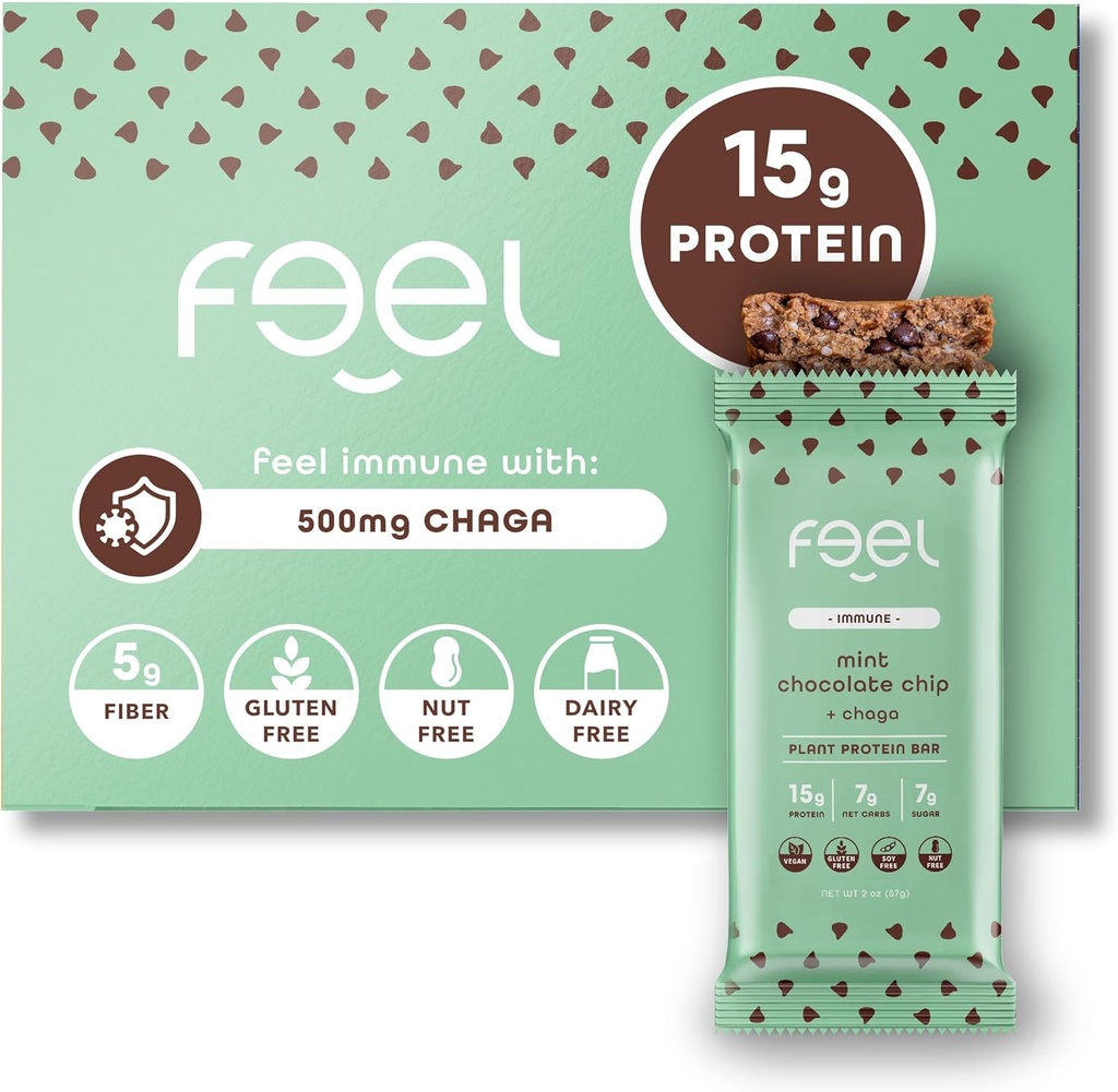 Feel Vegan Protein Bars: 124; Mint Chocolate Chip: 124; Keto: 124; Gluten: wolny 124; Organic Mushroom 124; Chaga Mushroom: 124; 15 g Protein Plant: 124; Niskie węglowodany: 124; Wysokie białko: 124; Dairy Free: 124; Niski cukier: 124; Ziarno: Bezpłatne: 124; Nut: Wolne białko: 124; Soy Free