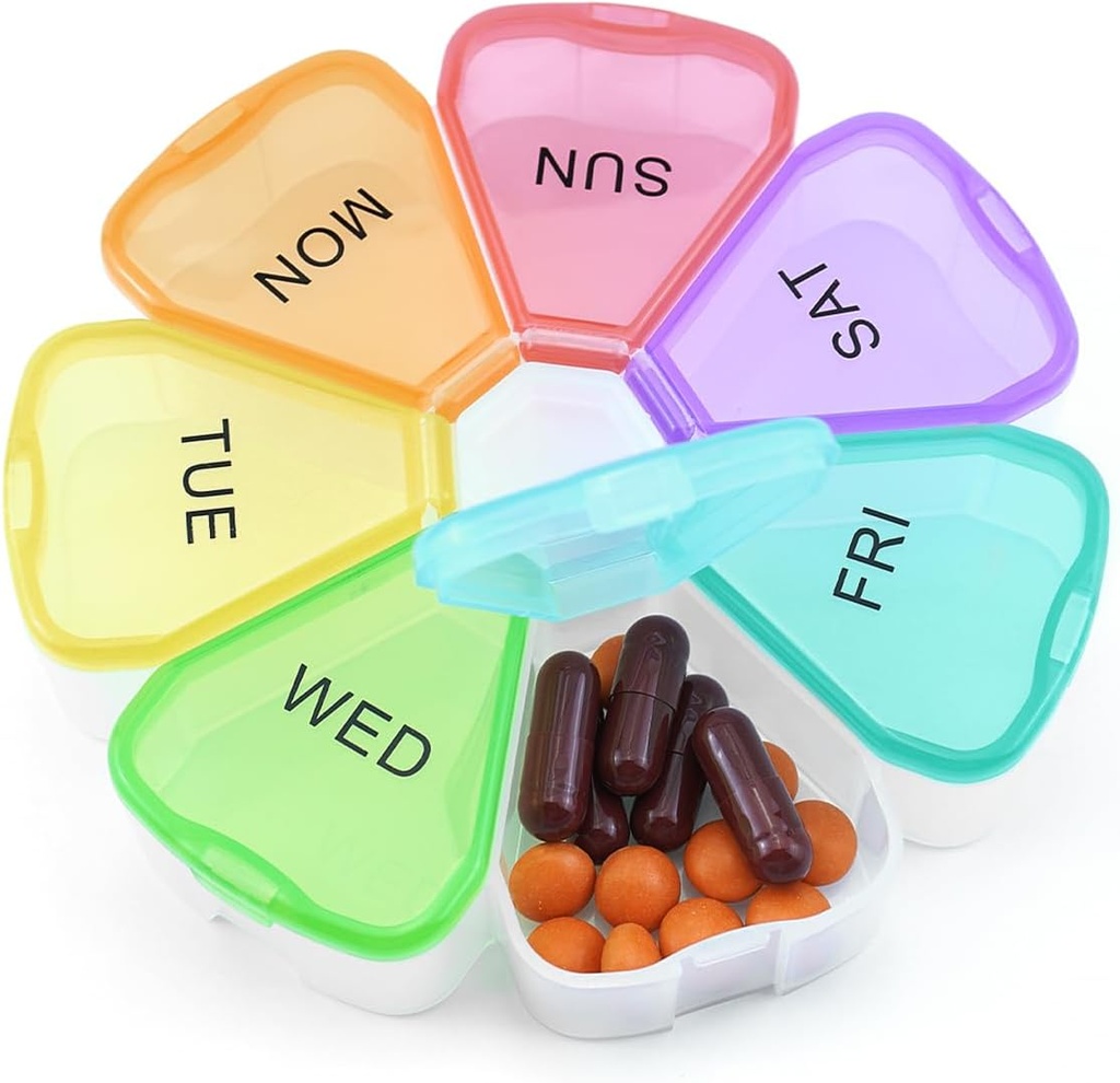 Quacc Cute Weekly Pill Organizator Travel 7 dni Przenośne okrągłe kwiatowe pill Case Box Pudełko pojemnik Medcine Holder dla dużych witamin Fish Oil Pill Mexication Supplement Storage - Rainbow