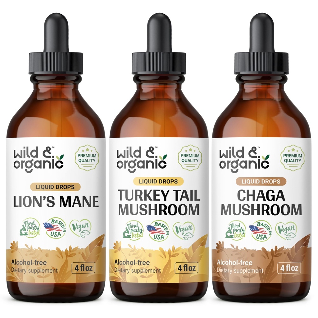 Wild & Organic Lion 's Mane, Turcja Tail & Chaga Mushroom Tinctures