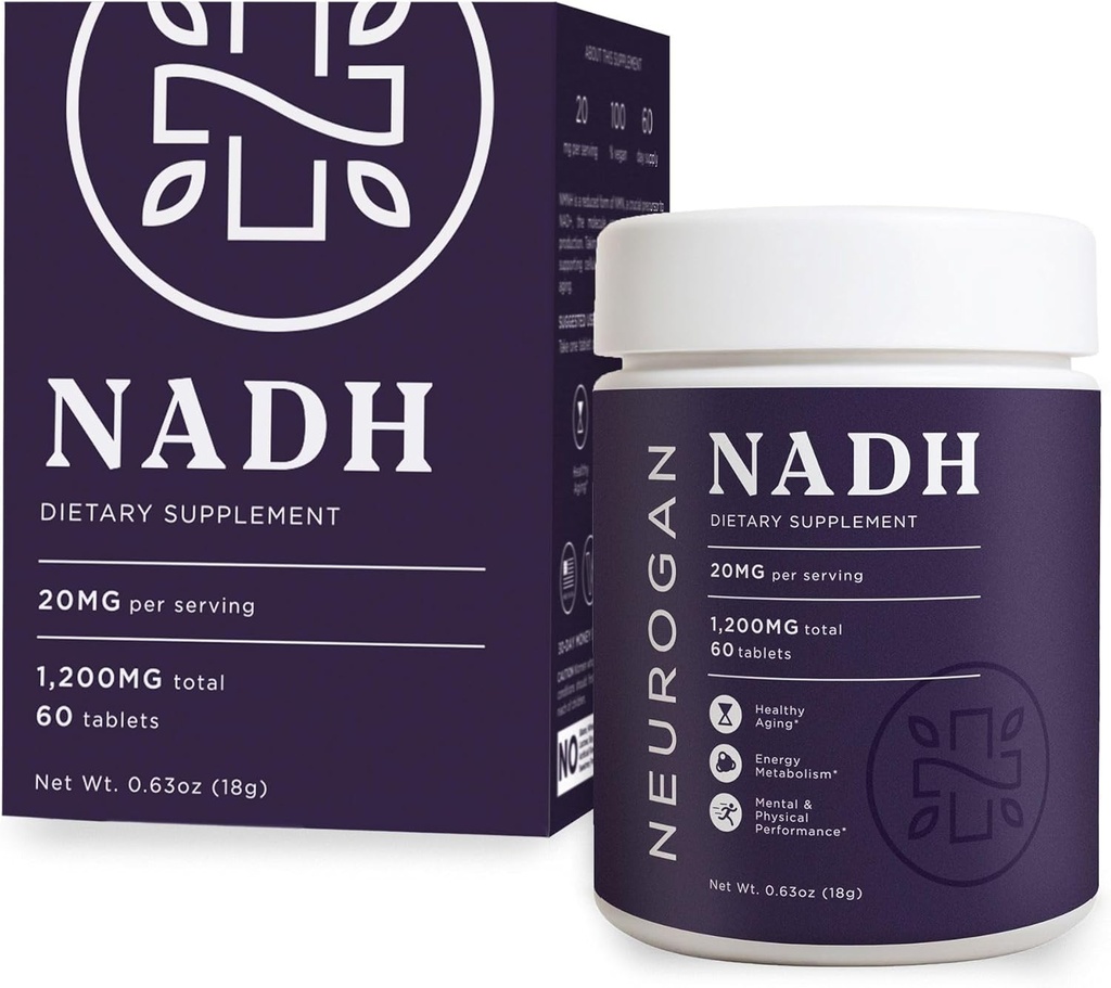 Neurogan NADH Tablets - 20mg Per Serving, 60 Ct - Energia komórkowa, Zdrowe Starzenie, Kognitive, Suplementy zdrowia serca - Nikotynamid Adenyotyd Hydryd Dinukleotyd Zmniejszony NAD Suplement