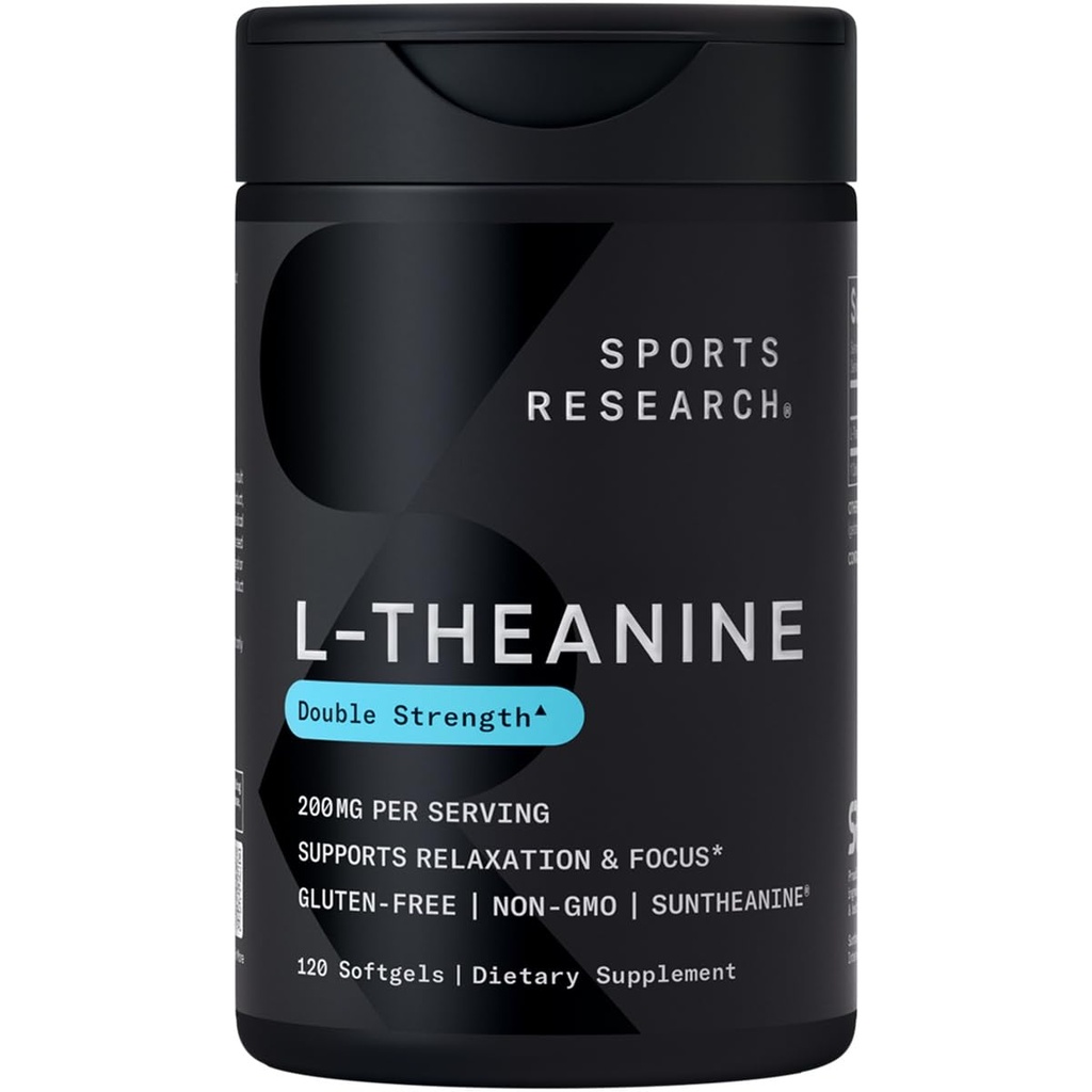 Sports Research Double Strength L- Theanine Supplement - Suntheanine Softgels for Focus, Relaxation & Alertness - Non- Drowsy Support Made with Coconut Oil, Non- GMO & Gluten Free - 200mg, 120 Count