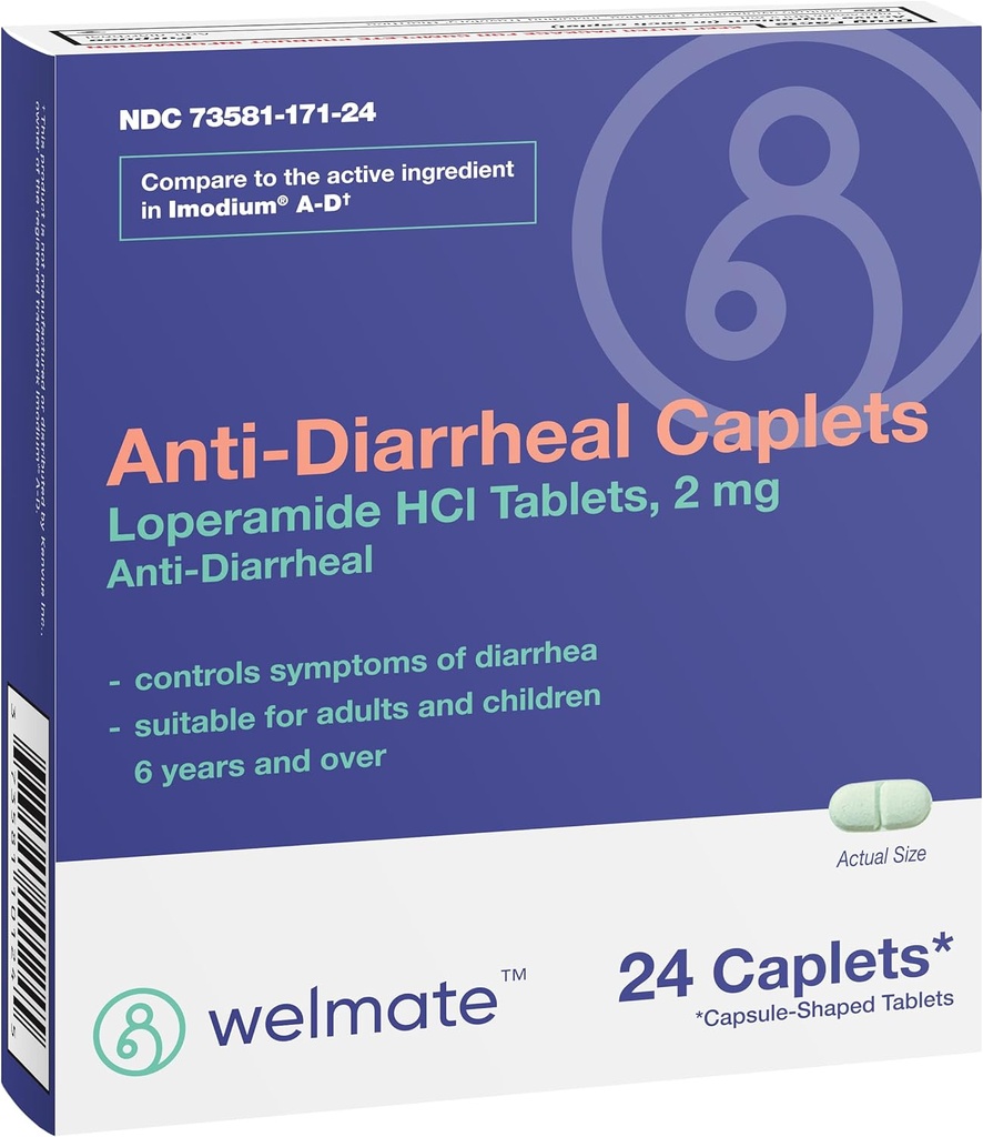 WELMATE - Kapsułki przeciwbiegunkowe (24 kapsułki) - Loperamid HCL 2 mg - Relief objawowy na biegunkę - Zdenerwowany Reliever żołądkowy - Leki przeciwbiegunkowe - Nadmierna liczba leków
