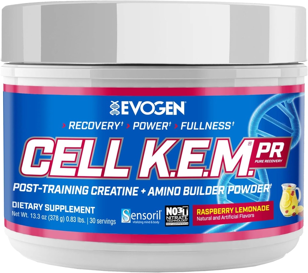 Evogen Cell K.E.M. PR - Post Workout Recovery Powder & Muscle Builder 124; Monohydrat kreatora, BCAA Powder, EAA Recovery 124; Wspomaga Odzyskiwanie, Siła i Pełność 124; Lemoniada malinowa 124; 30 Służenie