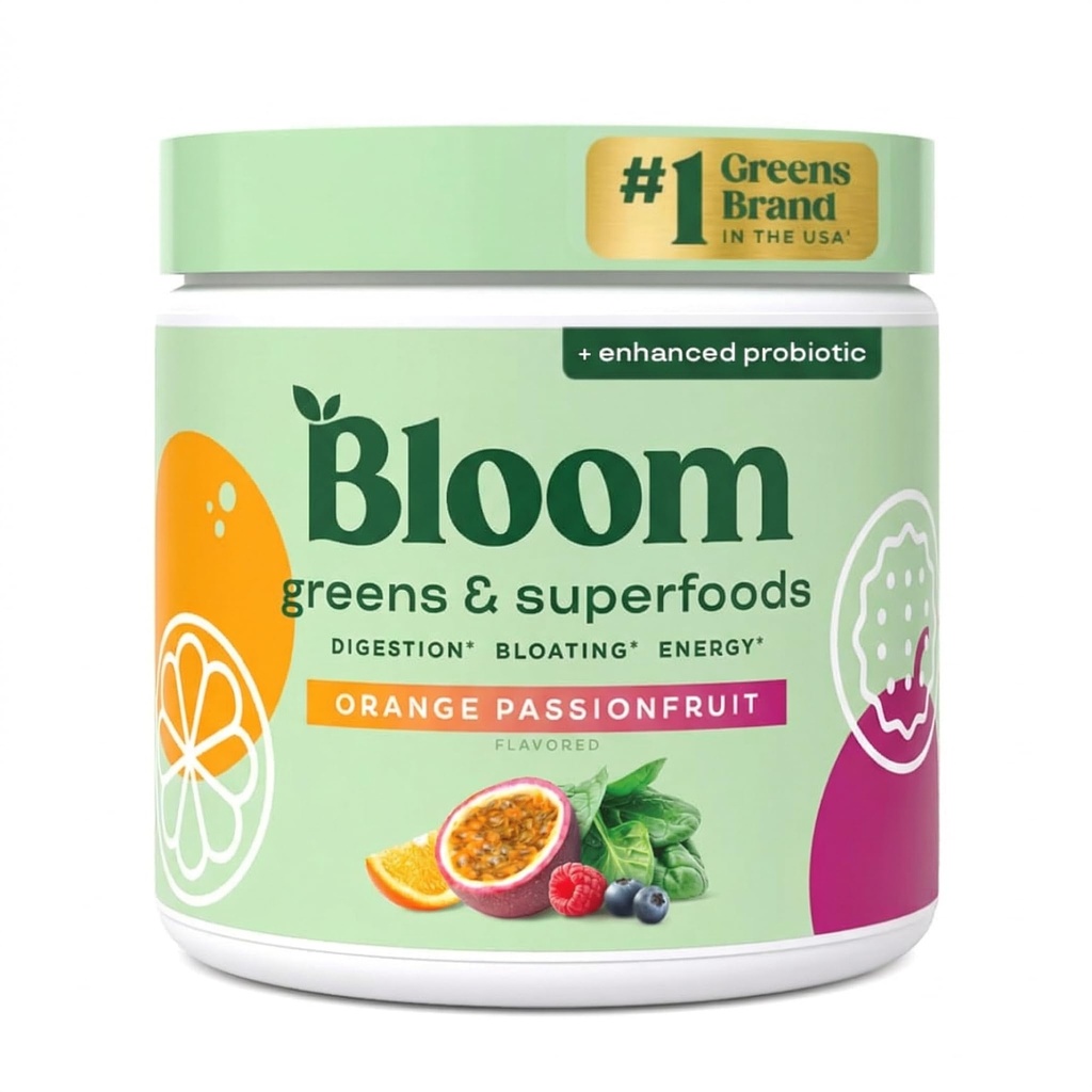 Bloom Nutrition Superfood Zielone Proszek, Enzymy z probiotyki i prebiotyki, Gut Zdrowie, Bloating Relief dla kobiet, Chlorella, Sok z proszku korzeniowego buraka, 30 SVG, Pomarańczowy Passionfruit