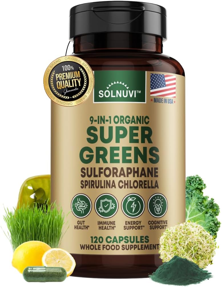 Organiczny Super Zielone Superfood Suplement Kapsułki - Spirulina, Chlorella, Wheatgrass, Kale Powder, Sulforaphane, Przeciwutleniacze - Gut Health, Trawienie, Energia, Immunitet Support - 120 Kapsułki Vegan