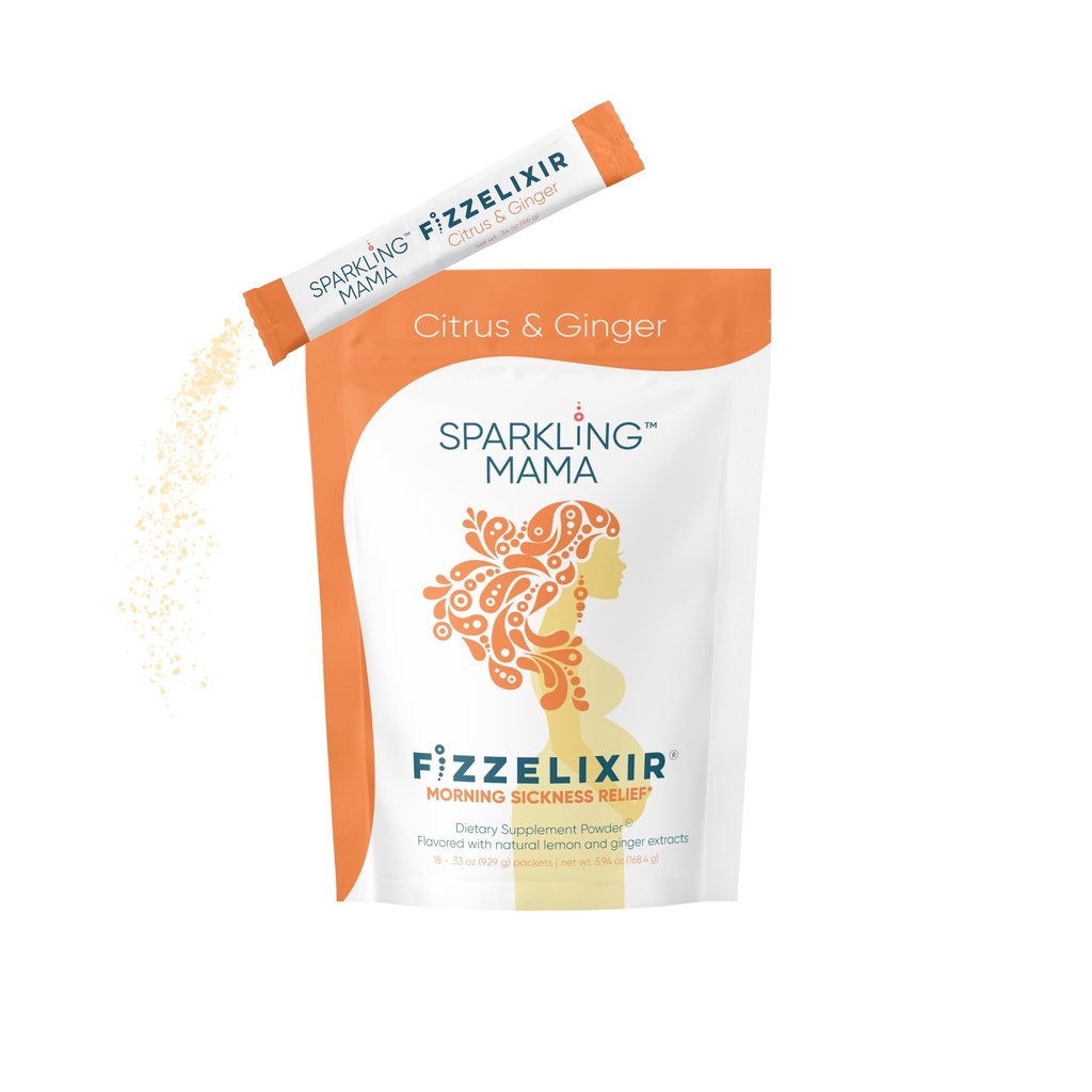 SPARKLING MAMA: Poranny napój chorobowy, Fizzelixir Effervescent Mix Oprawia Żołądek, Ciąża, 1 Trimester, IBS, Nudności, USA Made (Witamina B6, Magnezu i kwasu foliowego), Citrus i Ginger 18 Sticks
