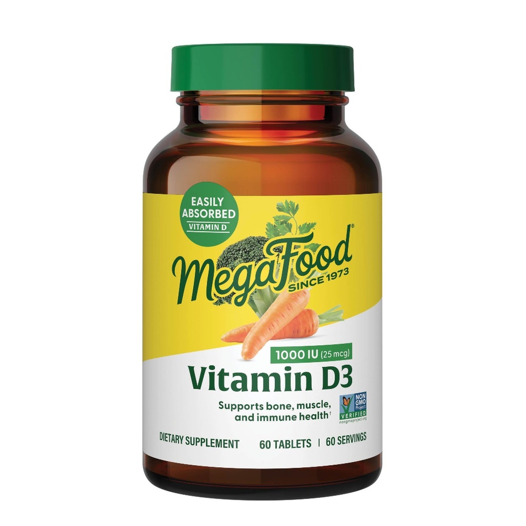 MegaFood Witamina D3 1000 IU (25 mcg) - Suplementy witaminy D z prawdziwą żywnością, Wsparcie immunologiczne, Podpory kości, Zęby i mięśnie, Wegetarianin, Gluten- Free, Non-GMO, Kosher - 60 Tablets, 60 Servings