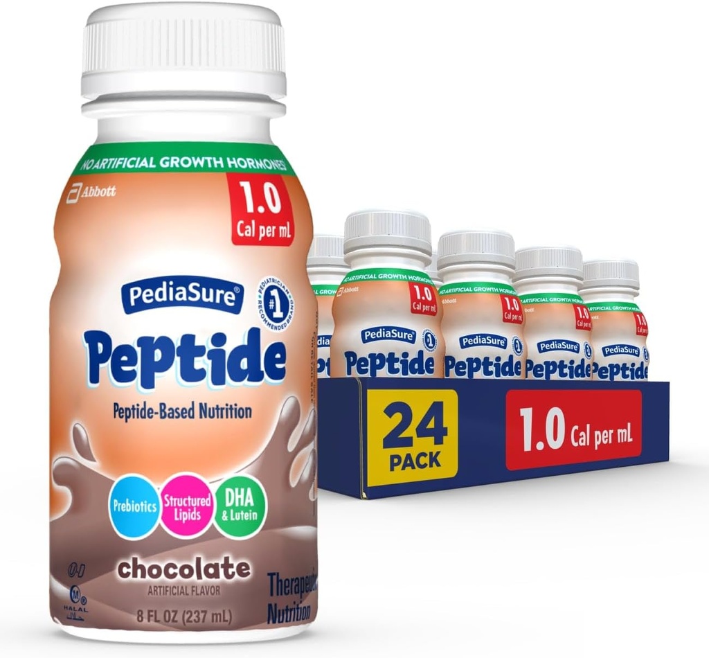 PediaSure Peptide 1.0 Cal, 24 Count, Complete, Balanced Nutrition for Kids with GI Conditions, Peptyde- Based Formuła, z 7g Białko i Prebiotyki, do żywienia jamy ustnej lub rury, Czekolada, 8- Fl- Oz Butelka