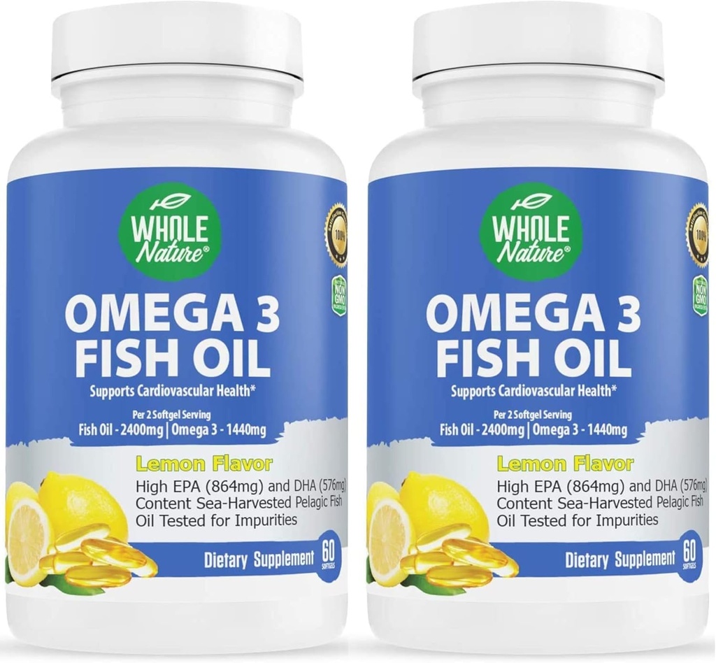 Omega 3 Suplementy oleju rybnego, Maksymalna moc 2400 mg Omega-3, 1440mg Olej rybny, EPA i DHA Kwasy tłuszczowe, Serce, Mózg i wsparcie immunologiczne dla kobiet i mężczyzn. Naturalny Lemon Flavor, 120ct (2)